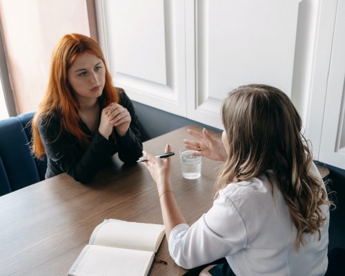 Mental health concept. Communication session of woman psychologist and client. Psychotherapy or talk