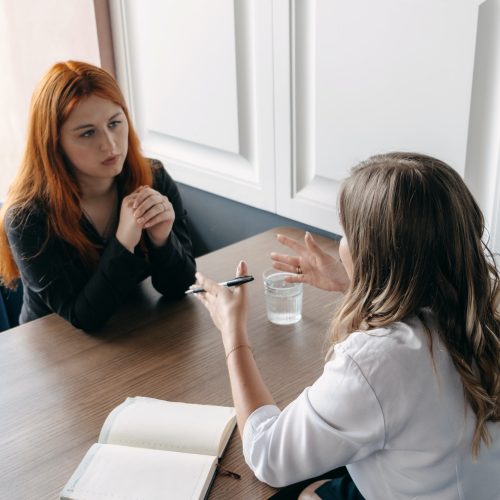 Mental health concept. Communication session of woman psychologist and client. Psychotherapy or talk